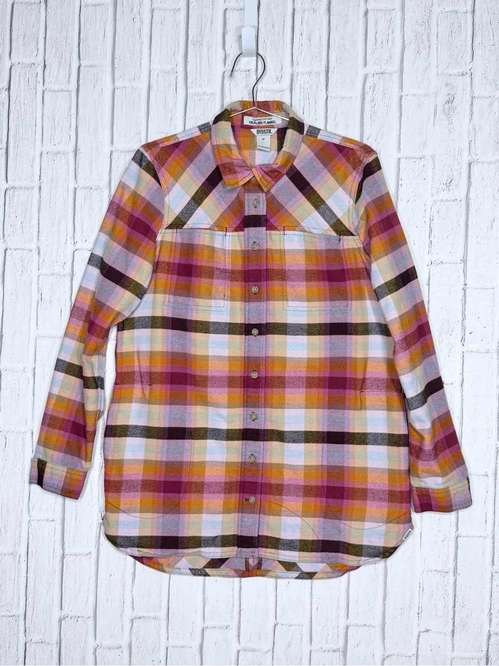 🍂 Duluth Trading Folklore Flannel Plaid Shirt Pink Orange Multicolor M
